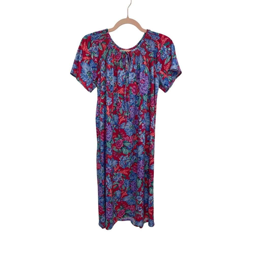 Vintage‎ Nightgown House Dress Blue Pink Blue Smocked Pocket Small USA